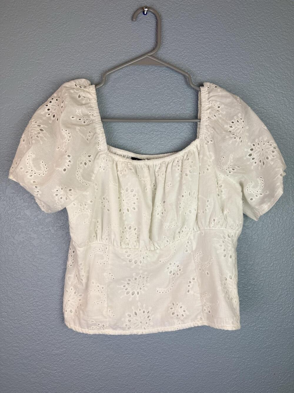 Daniel Blouse Womens Medium White Eyelet Puff Sleeve Cropped Square Neck Top